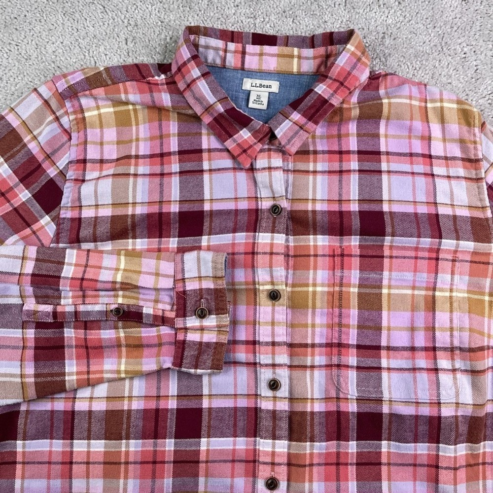 LL Bean Shirt Womens XL Pink Plaid Stretch Performance Flannel Button Up